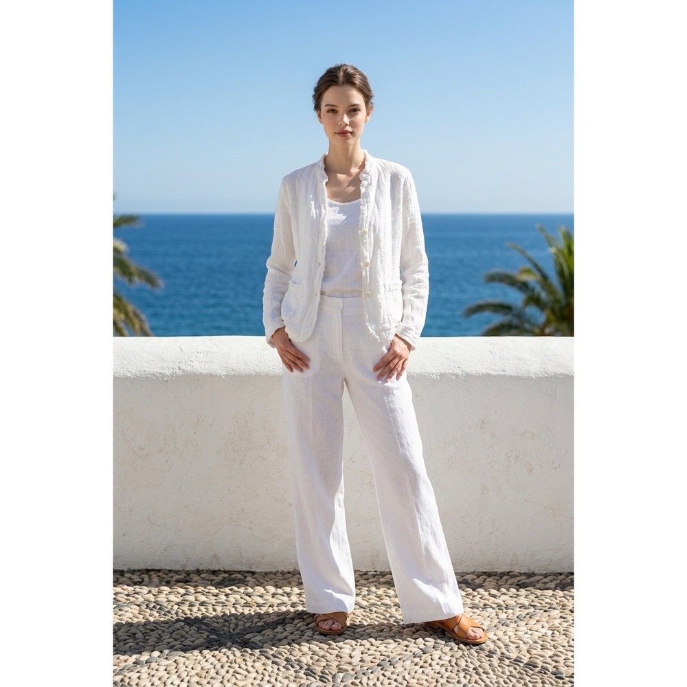 Eileen Fisher White 100% Irish Linen Crinkle Fringe Blazer Jacket Small
